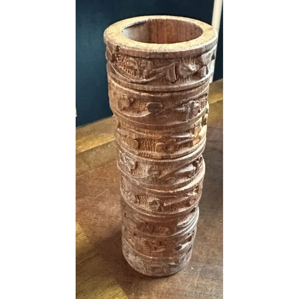 Vintage Carved Teak Wood Napkin Rings Set of 8 Measures 1 7/8 by 5/8